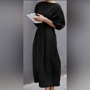 Linen Blend Chic Midi Dress - Round Neck, Loose Fit, Bubble Sleeves, black